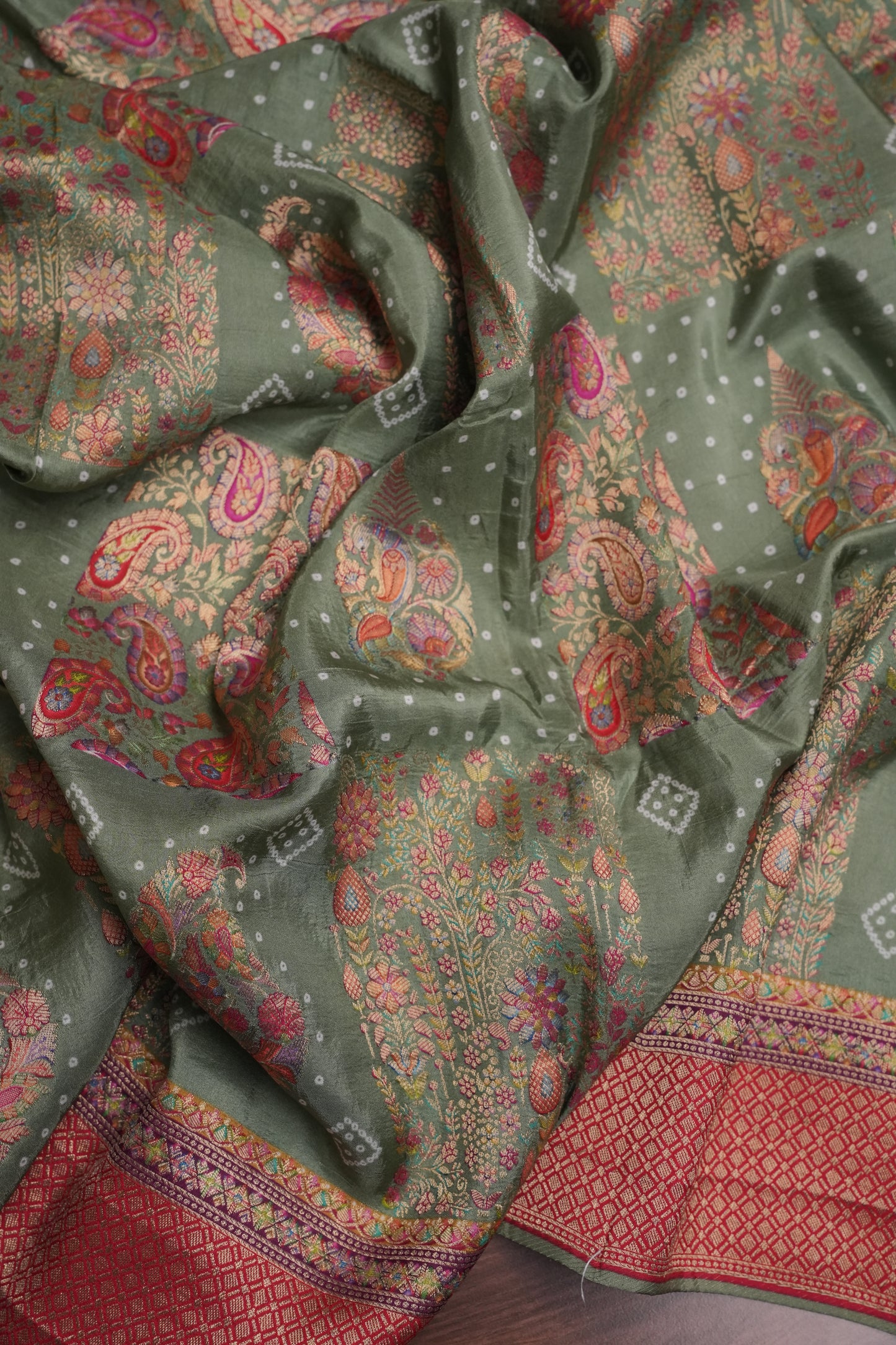 Kashmiri Pashmina Story Telling Saree - Sage Green