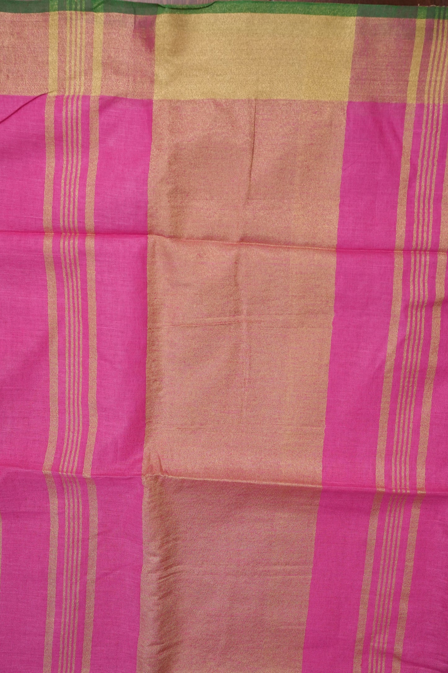 Pure Linen Saree – Vibrant Pink with Gold Zari Checks & Green Accents