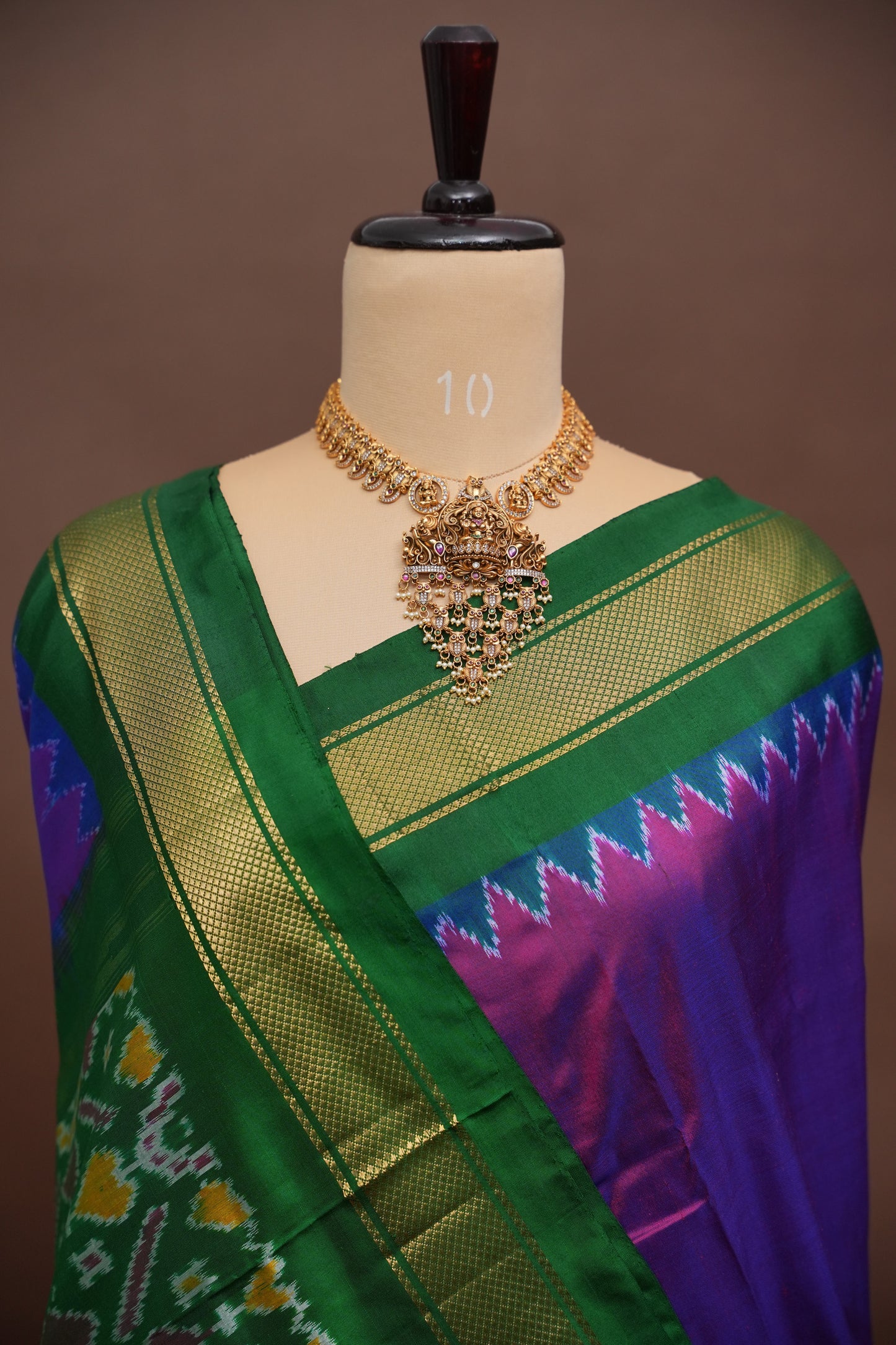 Pure Ikkat Soft Silk Saree - Bottle Green &amp; Deep Purple