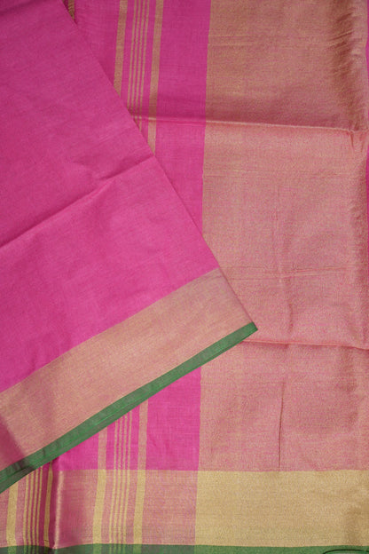 Pure Linen Saree – Vibrant Pink with Gold Zari Checks & Green Accents