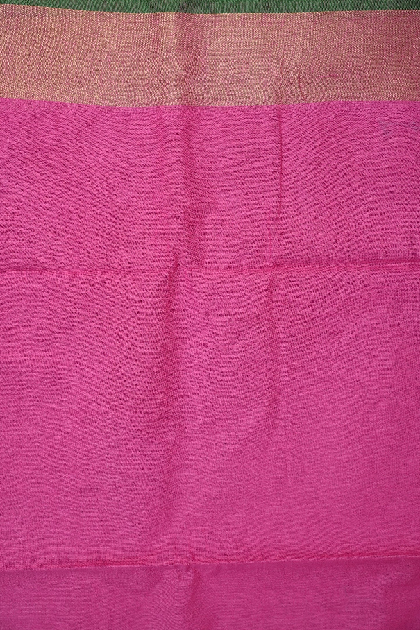 Pure Linen Saree – Vibrant Pink with Gold Zari Checks & Green Accents