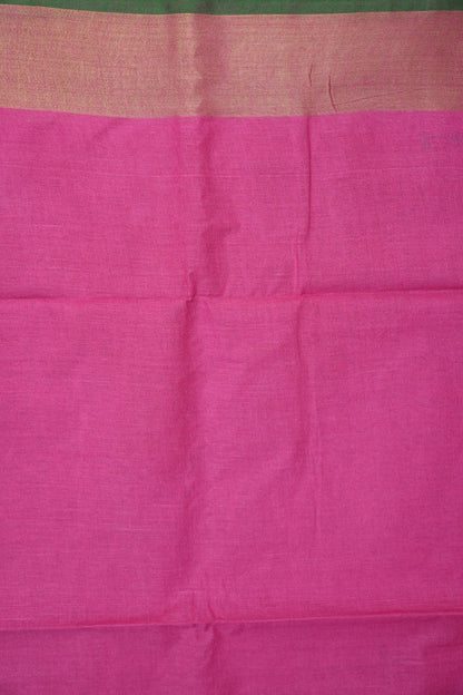 Pure Linen Saree – Vibrant Pink with Gold Zari Checks & Green Accents