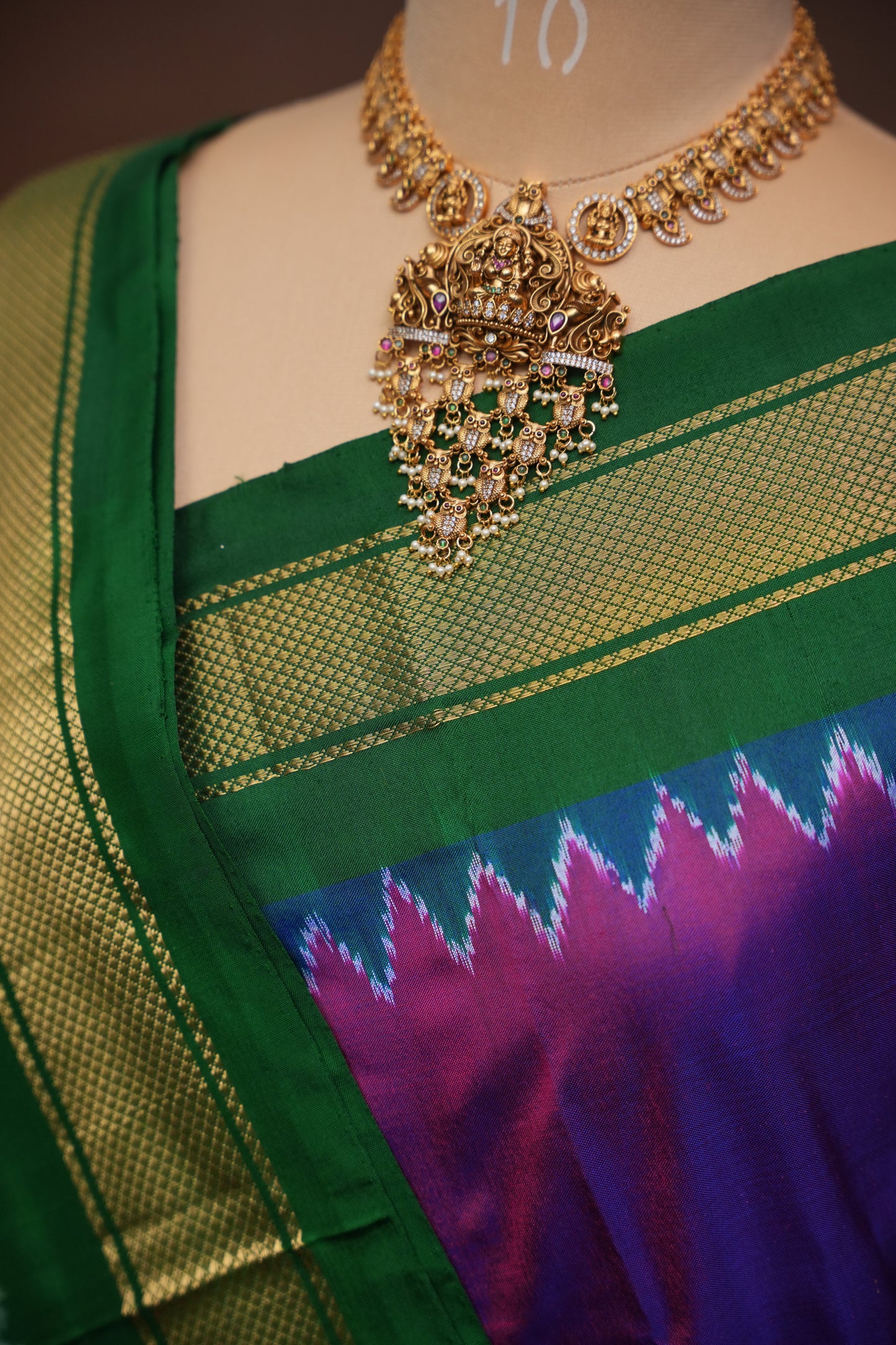 Pure Ikkat Soft Silk Saree - Bottle Green &amp; Deep Purple