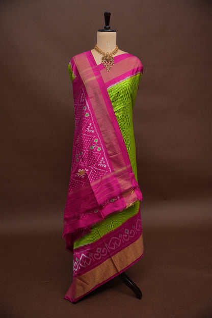 Pure Ikkat Soft Silk Saree - Parrot Green & Pink