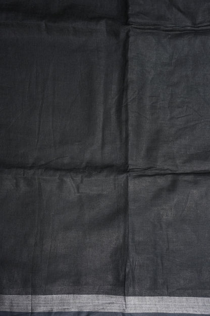 Hand Embroidery Pure Linen Saree With Tissue Border - Black
