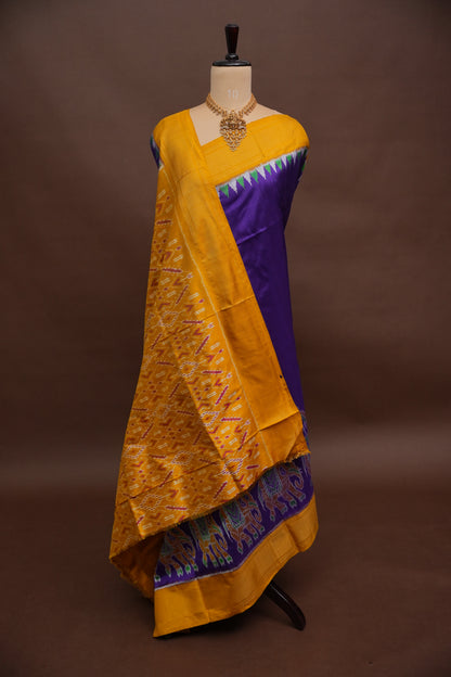 Pure Ikkat Soft Silk Saree - Deep Purple & Mustard Yellow