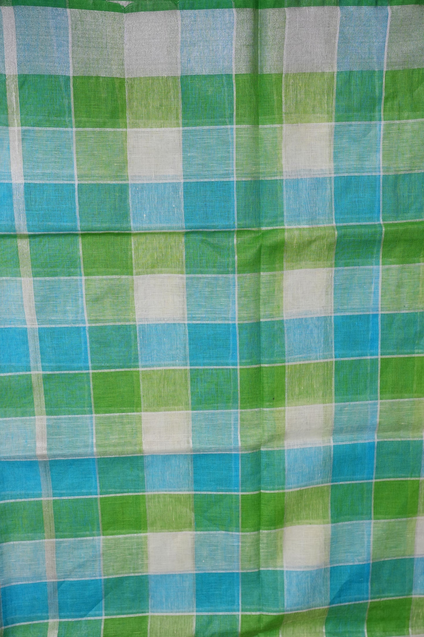 Pure Linen Cotton Saree – Aqua Blue & Fresh Green Checks with Playful Tassels
