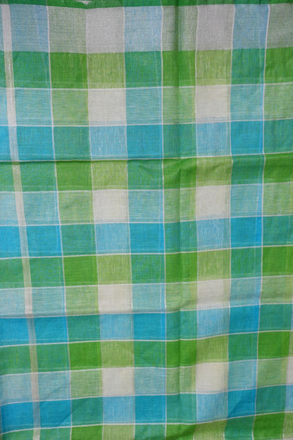 Pure Linen Cotton Saree – Aqua Blue & Fresh Green Checks with Playful Tassels