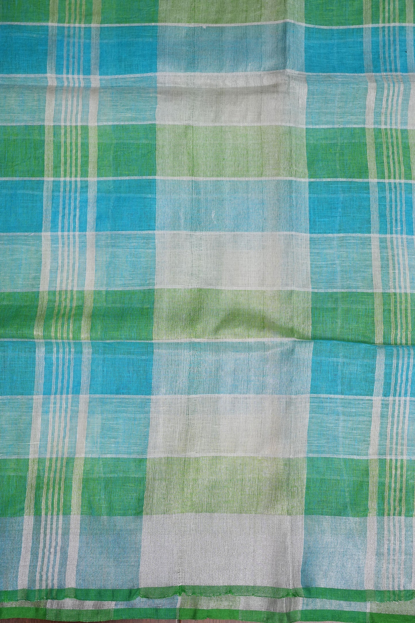 Pure Linen Cotton Saree – Aqua Blue & Fresh Green Checks with Playful Tassels