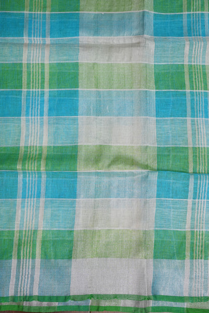Pure Linen Cotton Saree – Aqua Blue & Fresh Green Checks with Playful Tassels