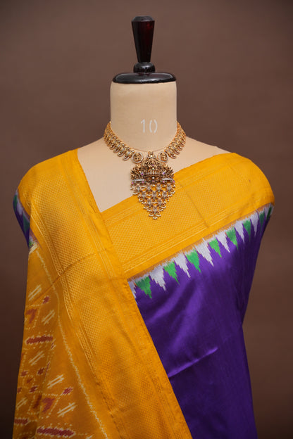 Pure Ikkat Soft Silk Saree - Deep Purple & Mustard Yellow