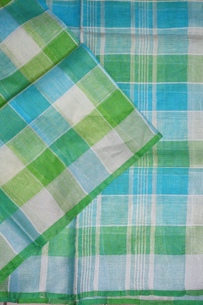 Pure Linen Cotton Saree – Aqua Blue & Fresh Green Checks with Playful Tassels