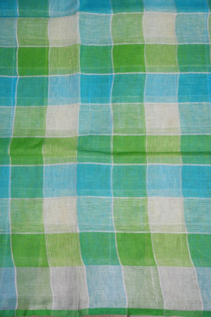 Pure Linen Cotton Saree – Aqua Blue & Fresh Green Checks with Playful Tassels