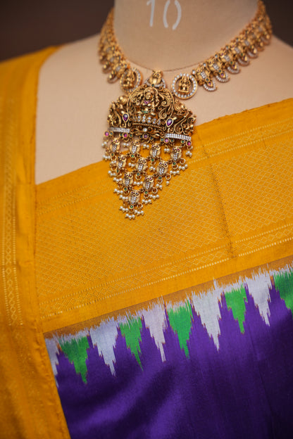 Pure Ikkat Soft Silk Saree - Deep Purple & Mustard Yellow
