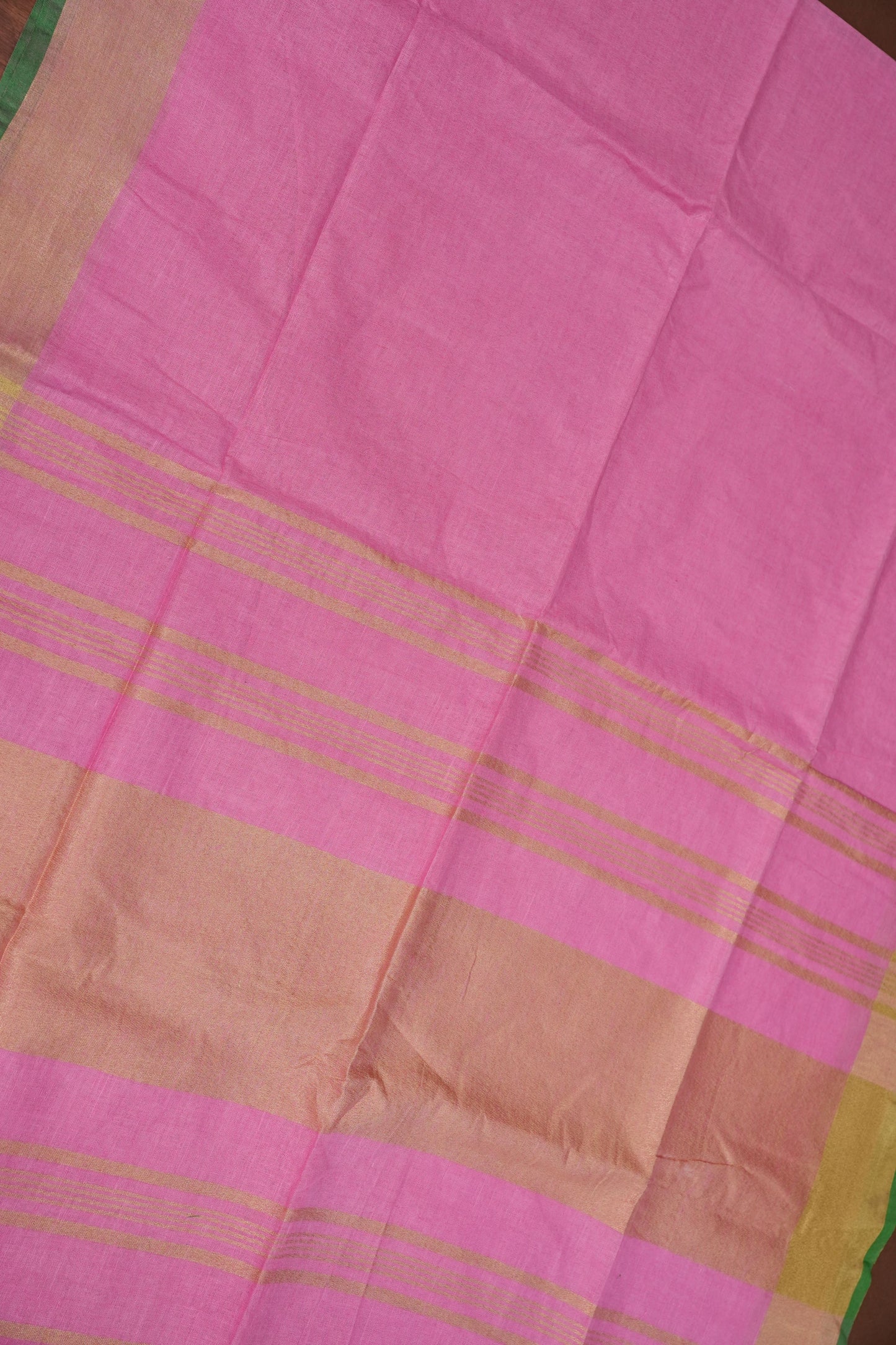 Pure Linen Saree – Candy Pink with Gold Zari Checks & Green Border