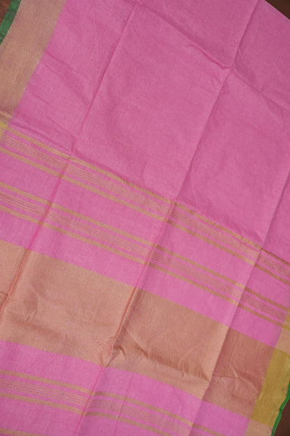 Pure Linen Saree – Candy Pink with Gold Zari Checks & Green Border