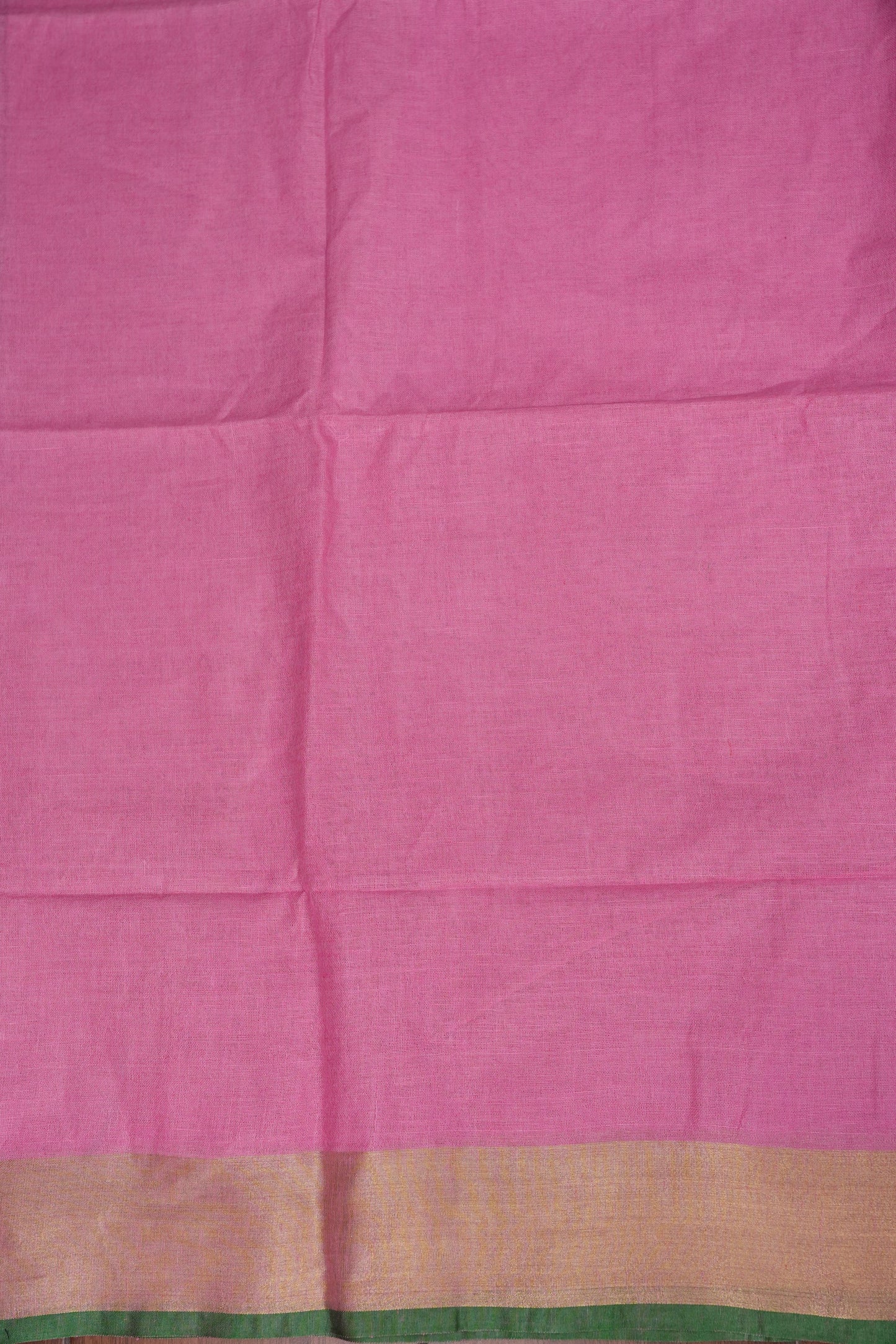 Pure Linen Saree – Candy Pink with Gold Zari Checks & Green Border