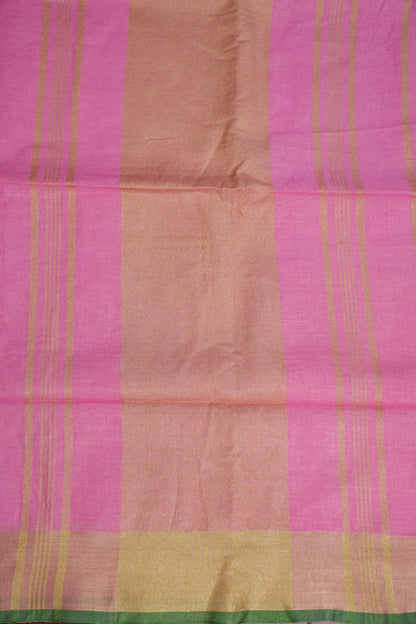 Pure Linen Saree – Candy Pink with Gold Zari Checks & Green Border