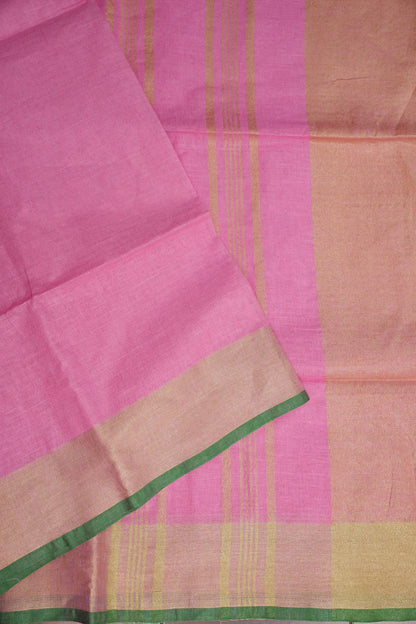 Pure Linen Saree – Candy Pink with Gold Zari Checks & Green Border