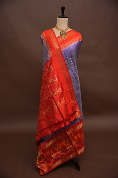 Pure Ikkat Soft Silk Saree - Lavender & Orange