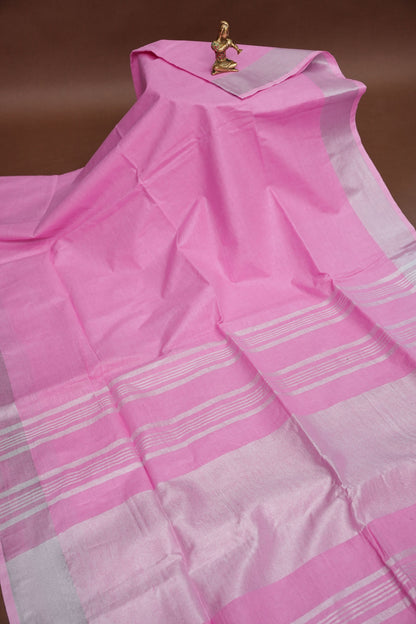 Pure Linen Saree – Soft Baby Pink with Silver Zari Stripes
