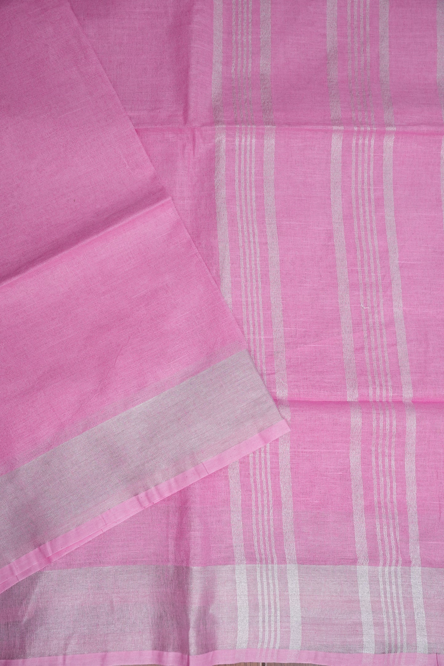 Pure Linen Saree – Soft Baby Pink with Silver Zari Stripes