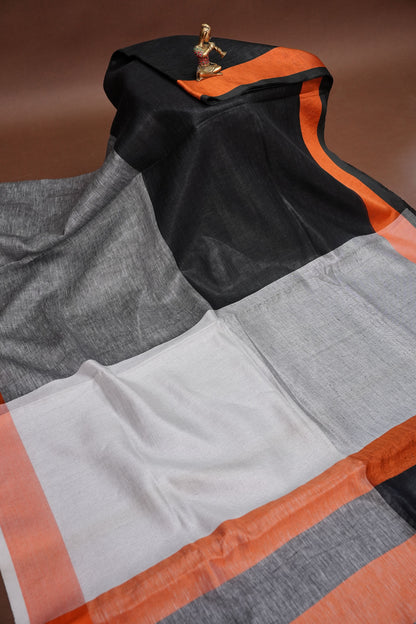 Pure Linen Silk Saree – Black & Charcoal Grey with Rust Orange Contrast Accents