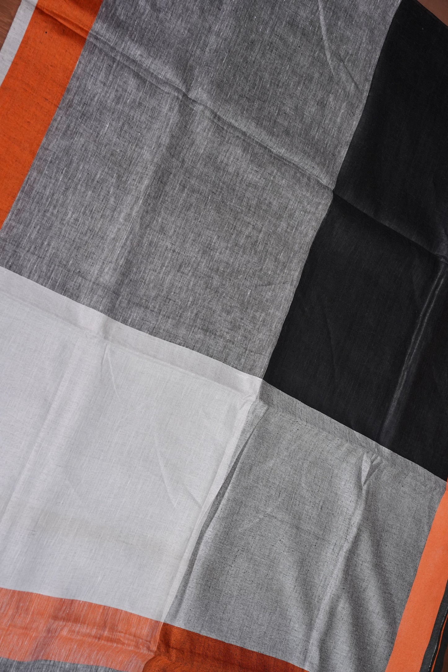 Pure Linen Silk Saree – Black & Charcoal Grey with Rust Orange Contrast Accents