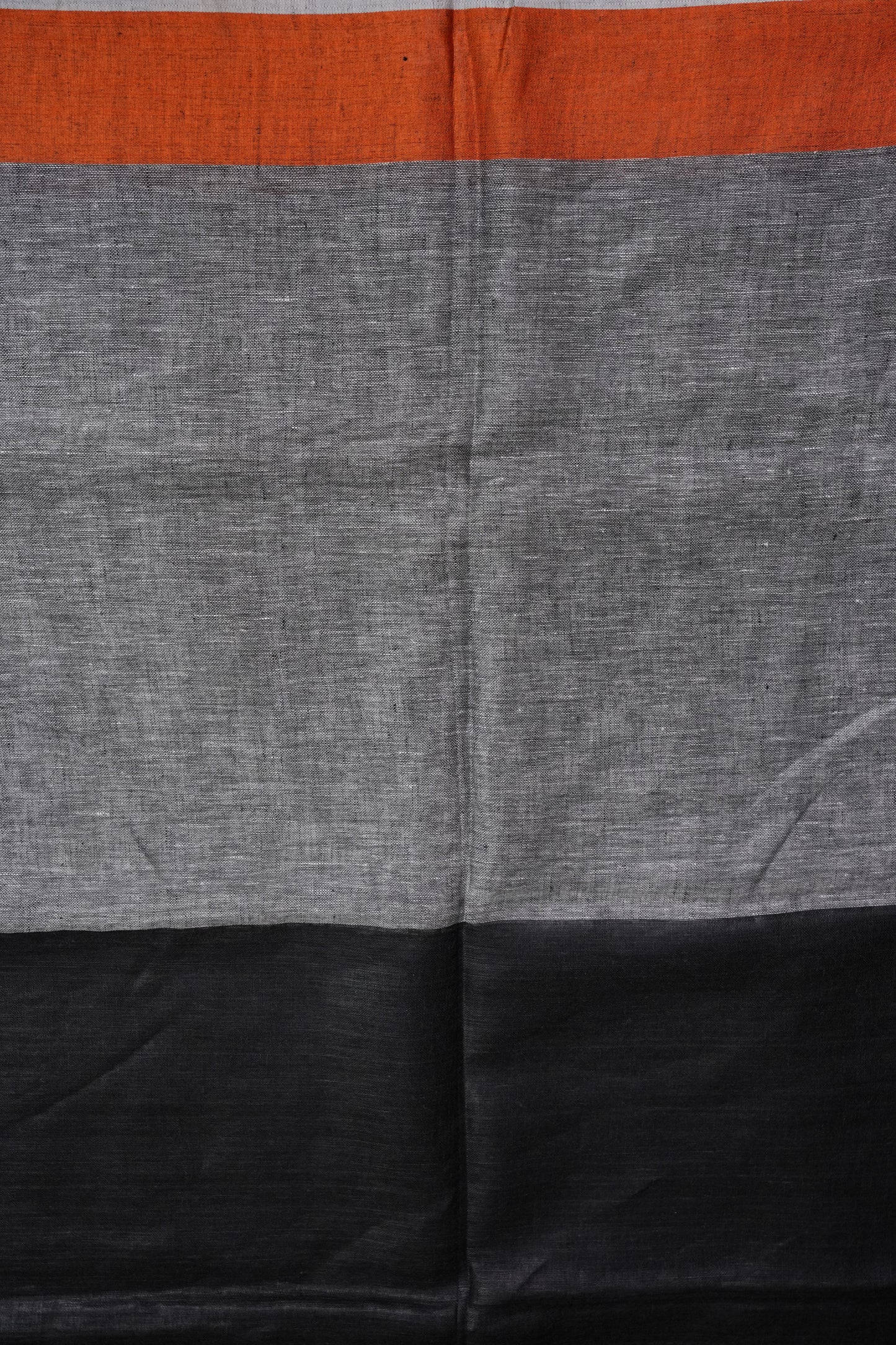 Pure Linen Silk Saree – Black & Charcoal Grey with Rust Orange Contrast Accents