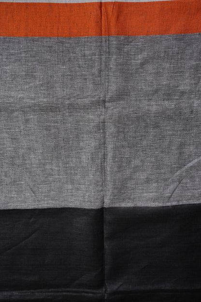 Pure Linen Silk Saree – Black & Charcoal Grey with Rust Orange Contrast Accents
