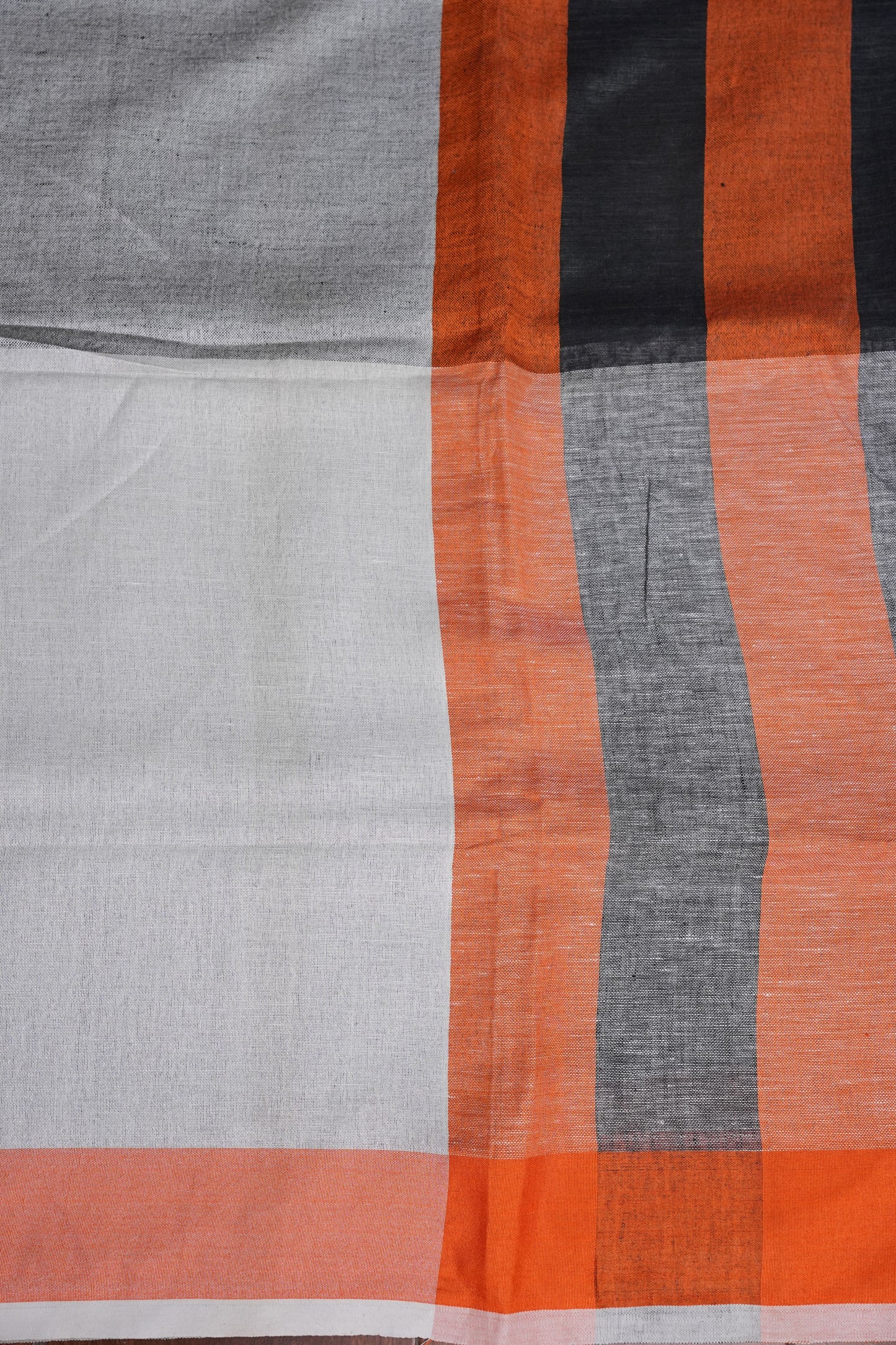 Pure Linen Silk Saree – Black & Charcoal Grey with Rust Orange Contrast Accents