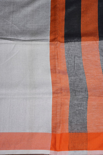 Pure Linen Silk Saree – Black & Charcoal Grey with Rust Orange Contrast Accents