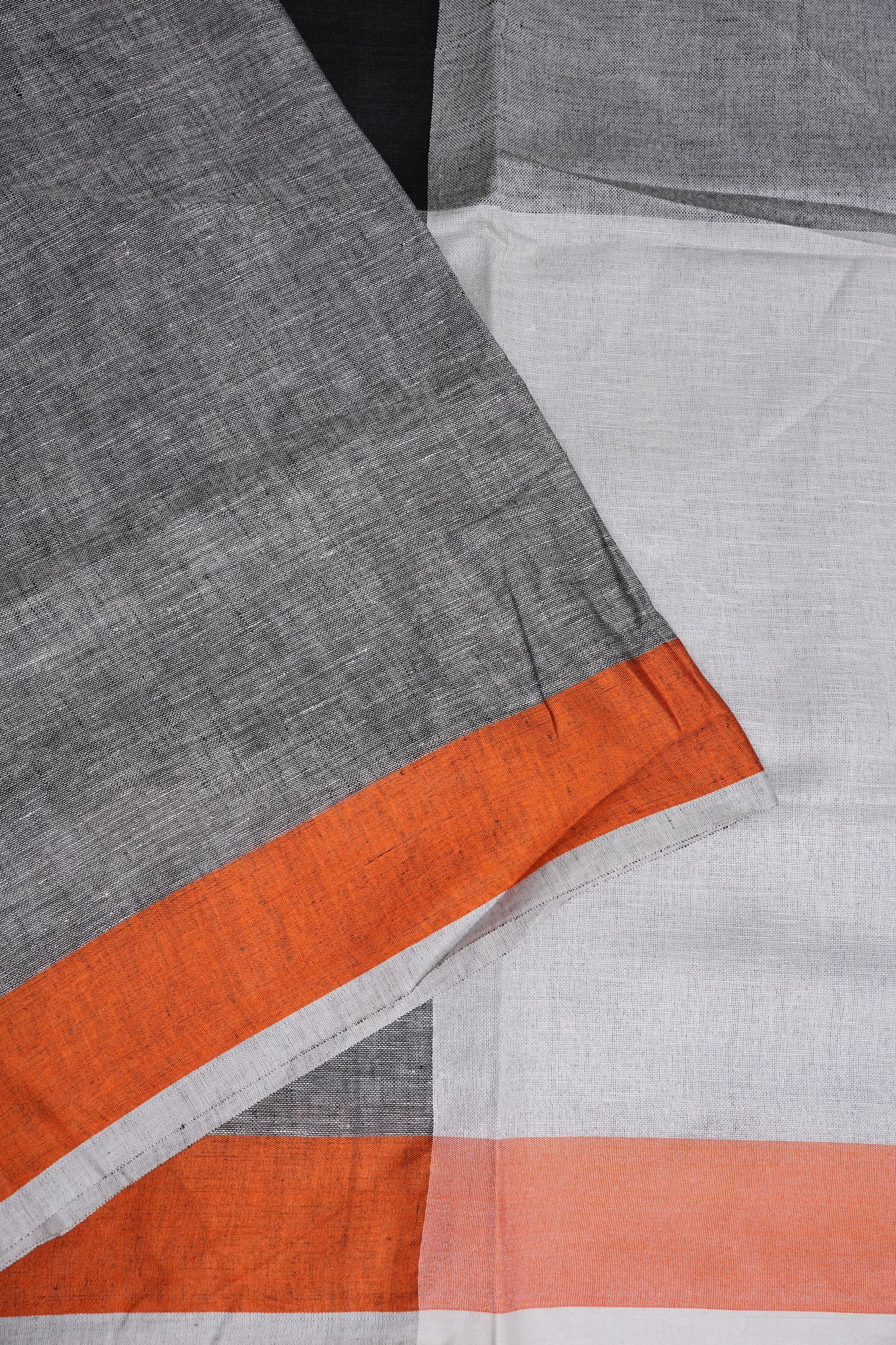 Pure Linen Silk Saree – Black & Charcoal Grey with Rust Orange Contrast Accents