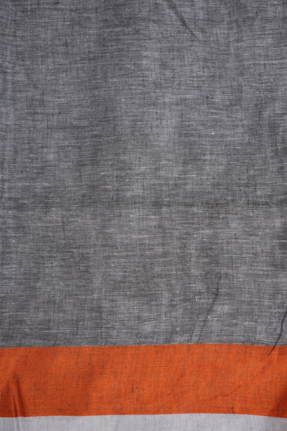 Pure Linen Silk Saree – Black & Charcoal Grey with Rust Orange Contrast Accents