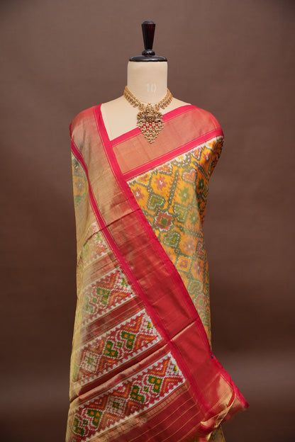 Mustard Yellow Pochampally Ikkat Silk Saree with Red Tissue Border