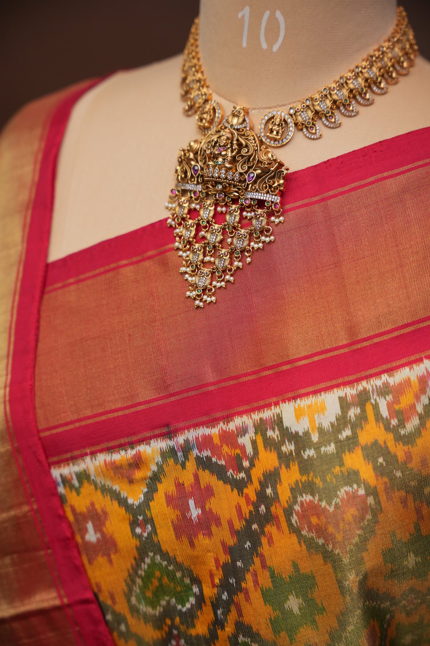 Mustard Yellow Pochampally Ikkat Silk Saree with Red Tissue Border