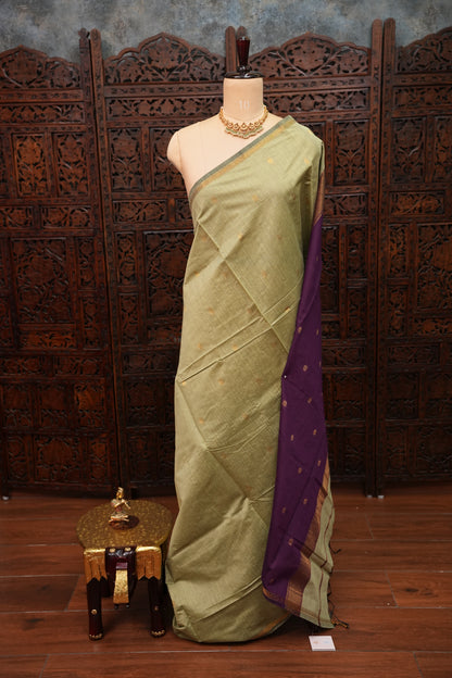 Maheshwari Silk Cotton Saree|Sage Green and Purple