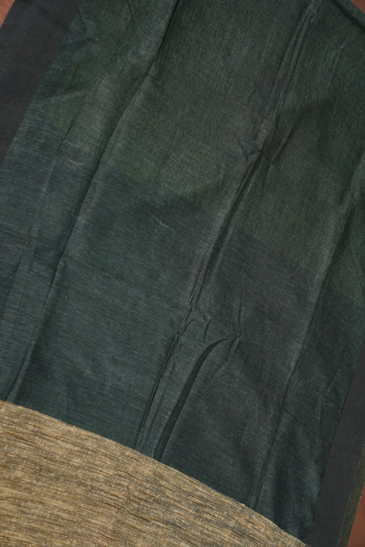 Half and Half Pure Linen Saree with Textured Jute Linen Pallu-Forest Green & Olive Green