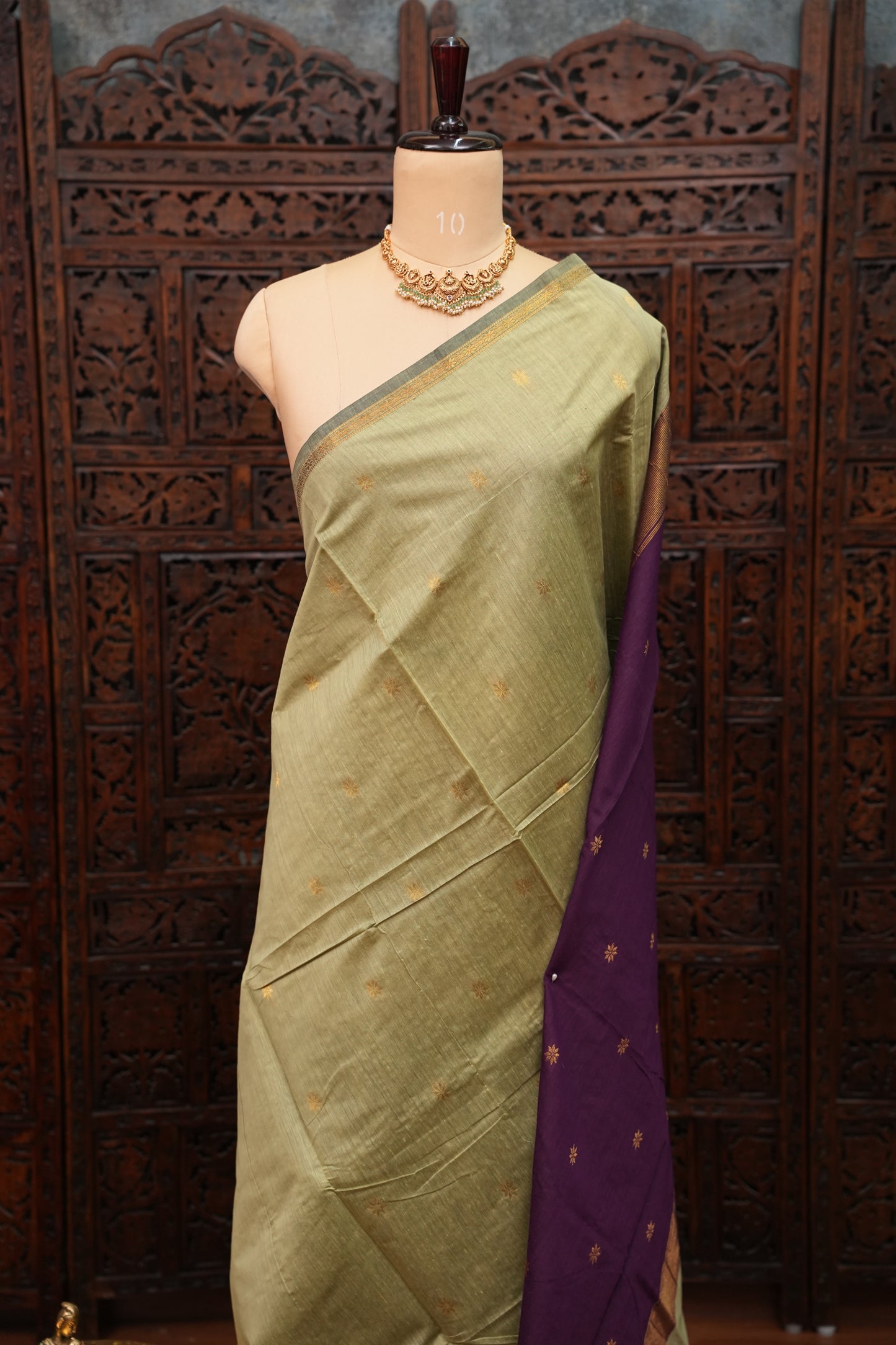 Maheshwari Silk Cotton Saree|Sage Green and Purple