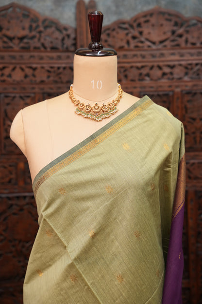 Maheshwari Silk Cotton Saree|Sage Green and Purple