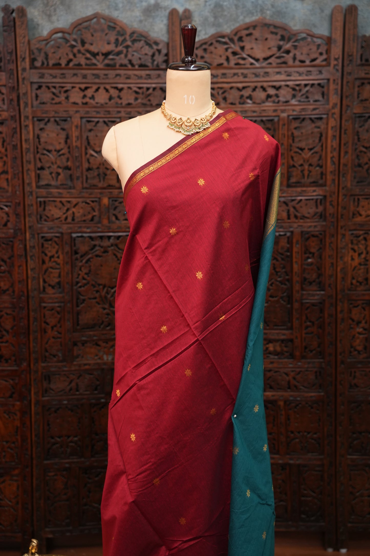 Maheshwari Silk Cotton Saree|Maroon and Teal