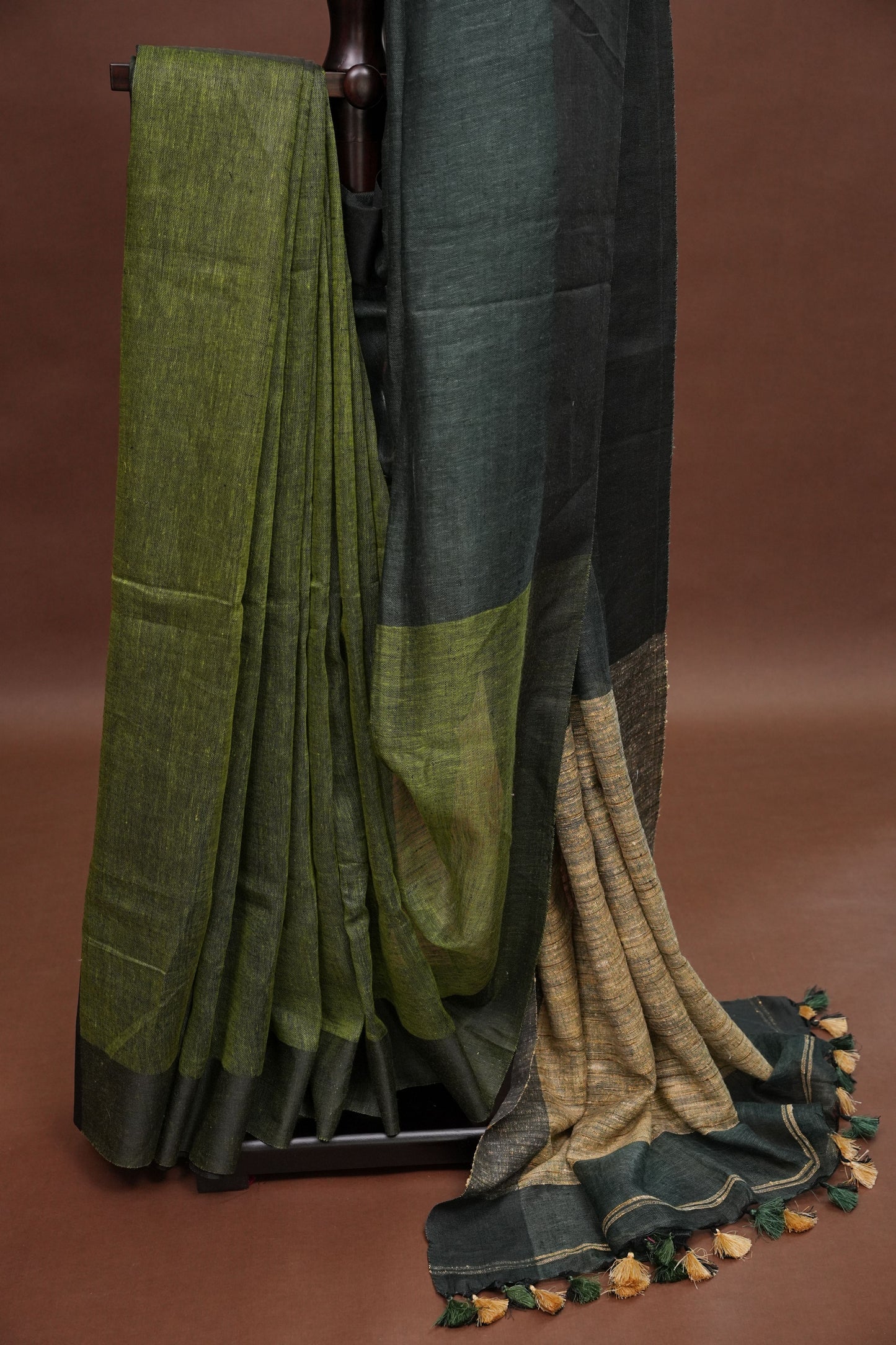 Half and Half Pure Linen Saree with Textured Jute Linen Pallu-Forest Green & Olive Green