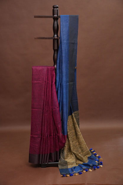 Half and Half Pure Linen Saree with Textured Jute Linen Pallu-Royal Blue & Wine
