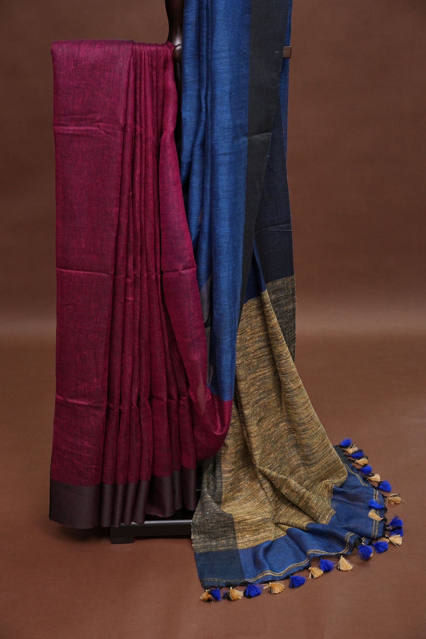 Half and Half Pure Linen Saree with Textured Jute Linen Pallu-Royal Blue & Wine