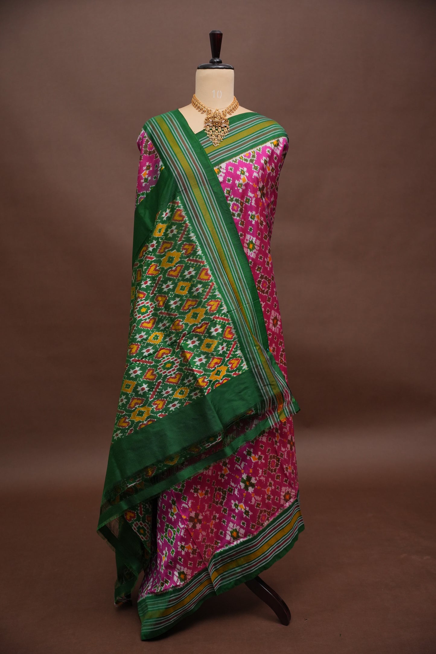 Pure Ikkat Soft Silk Saree - Pink & Emerald Green