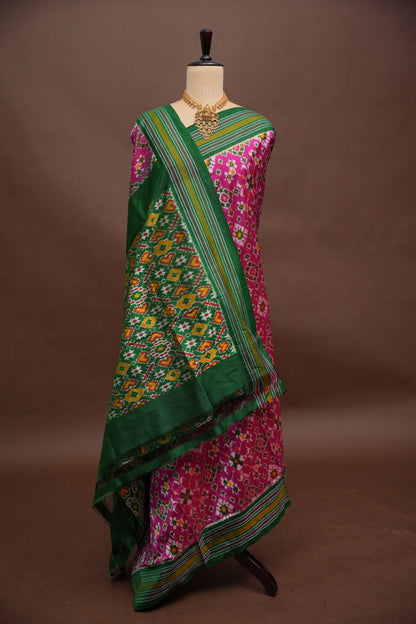 Pure Ikkat Soft Silk Saree - Pink & Emerald Green