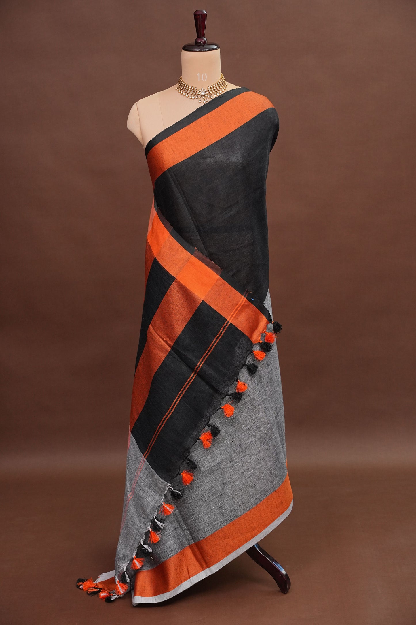 Pure Linen Silk Saree – Black & Charcoal Grey with Rust Orange Contrast Accents