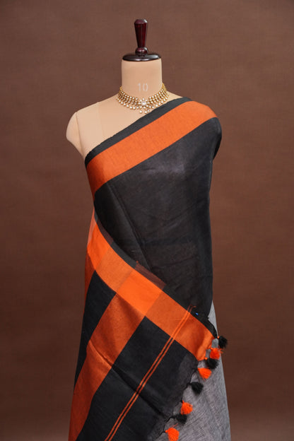 Pure Linen Silk Saree – Black & Charcoal Grey with Rust Orange Contrast Accents