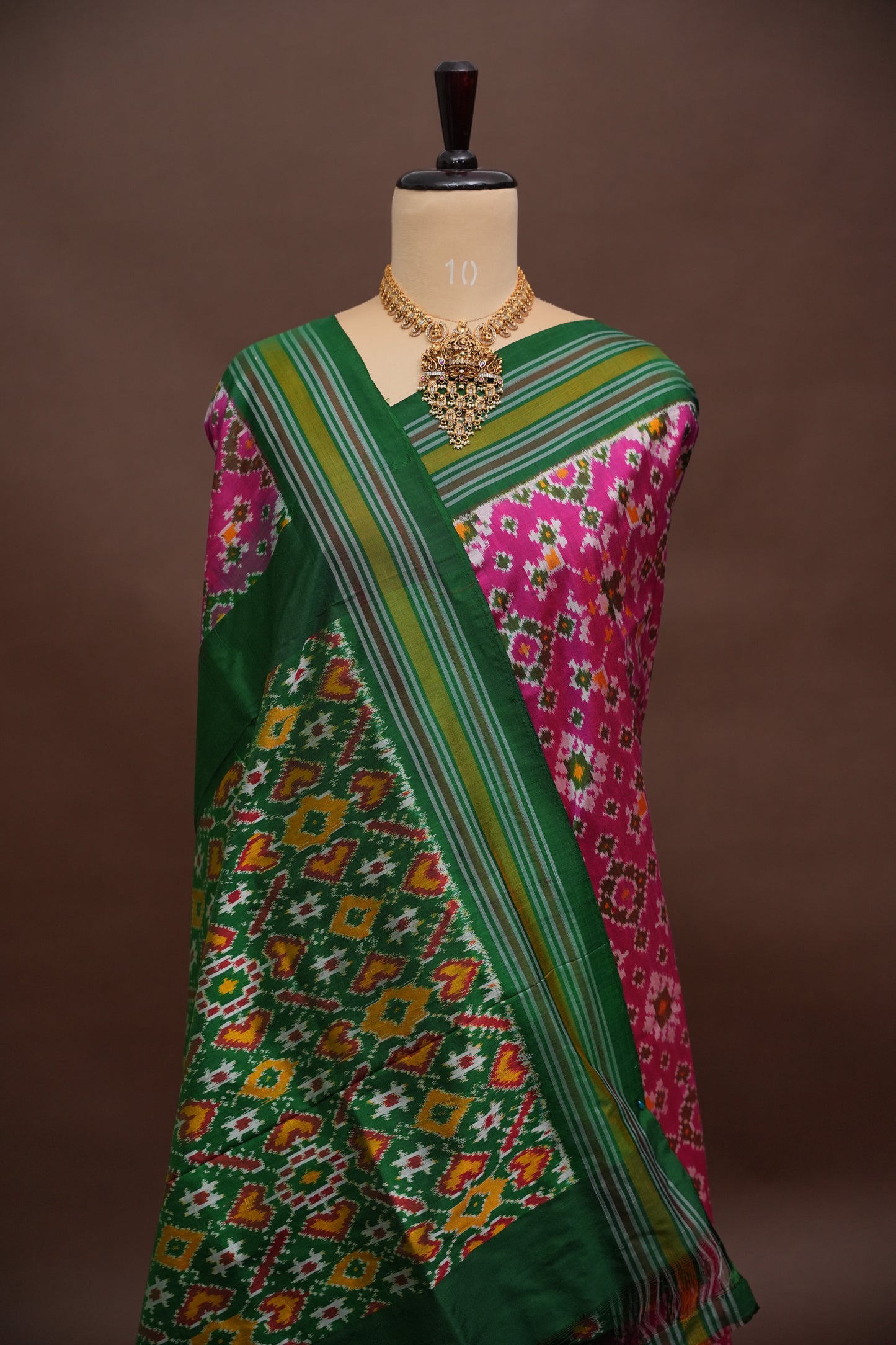 Pure Ikkat Soft Silk Saree - Pink & Emerald Green