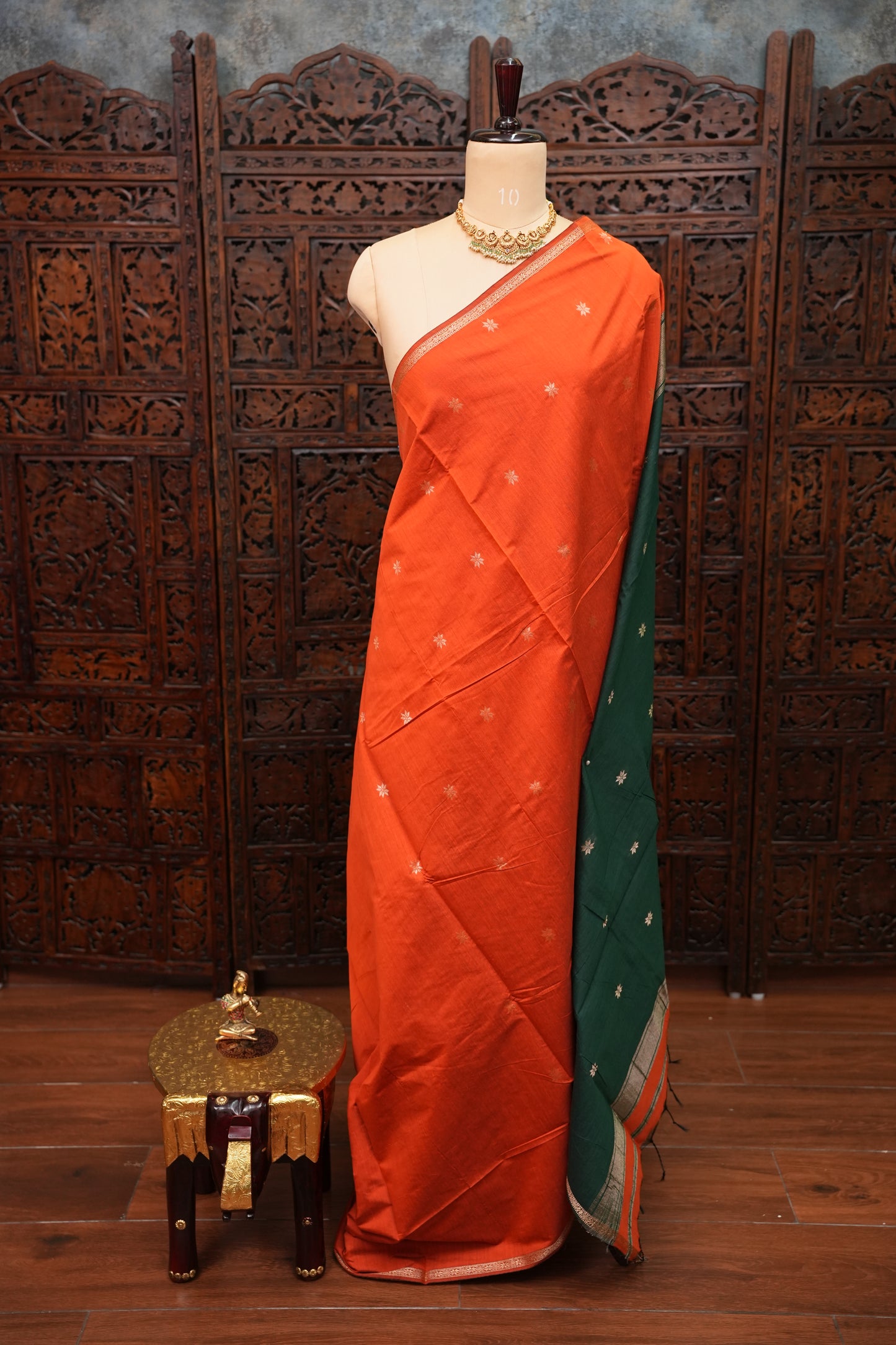 Maheshwari Silk Cotton Saree|Orange & Green